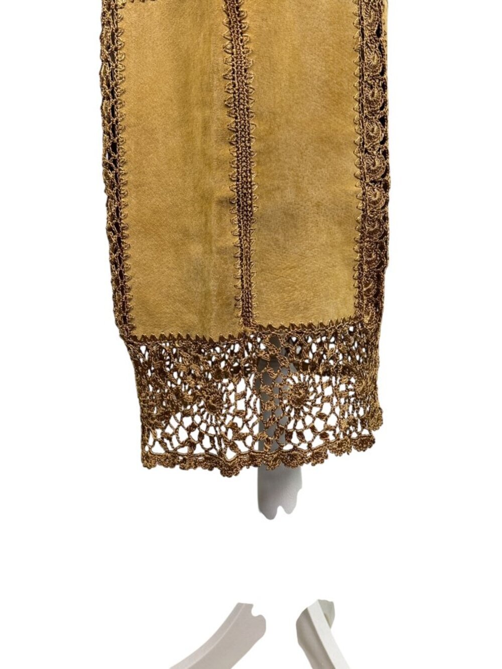 Vintage IDI by Matthew Camel Leather Crochet Trim Midi Pencil Skirt | Size L - Picture 4 of 10